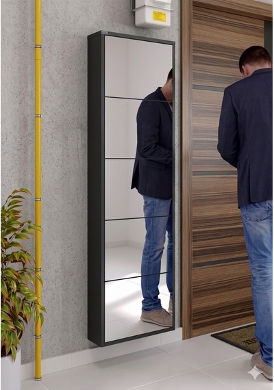 İlter 5 Kapaklı Aynalı Metal Ayakkabılık - Paslanmaz Dış Mekan Uyumlu Antrasit