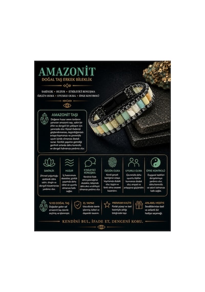 Sertifikalı Amazonit Siyah Hematit Silindir Kesim Kilitli Doğal Taş Deri Erkek Bileklik Çok Renkli