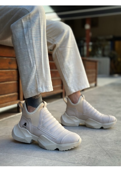 Ba0401 Bağcıksız Rahat Yüksek Taban Krem Erkek Spor Yarım Bilek Bot Krem