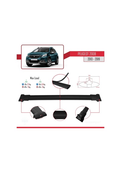 Peugeot 2008 2013-2019 Arası İle Uyumlu Fly Model Ara Atkı Tavan Barı Siyah 3 Adet Bar