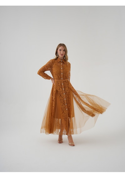 Serpil Exclusive Dantel Ve Tül Detaylı Uzun Kollu Belden Kuşaklı Elbise Camel