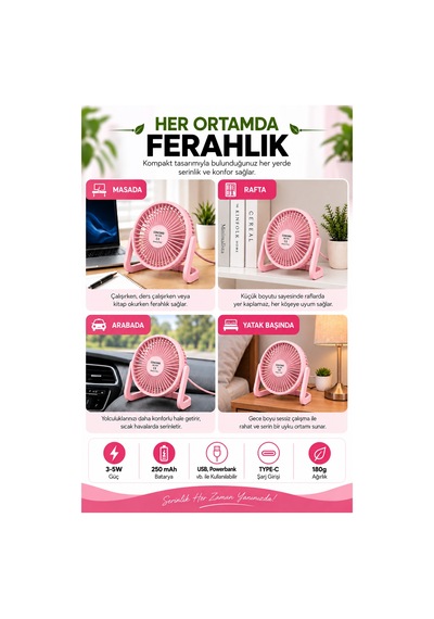 Sessiz Masa Üstü Usb Mini Vantilatör Taşınabilir Masaüstü Fan Pembe