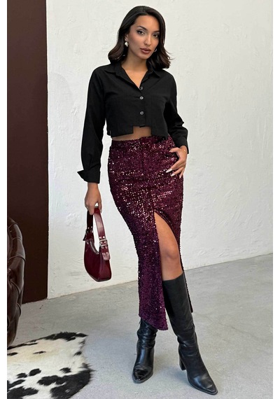Verymoda Pullu Kadife Uzun Etek F2053 Mürdüm