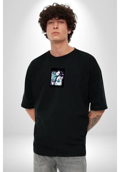 Shinobu Kocho Demon Slayer Siyah Oversize Unisex Ön Orta Minimal Baskılı Tişört Siyah