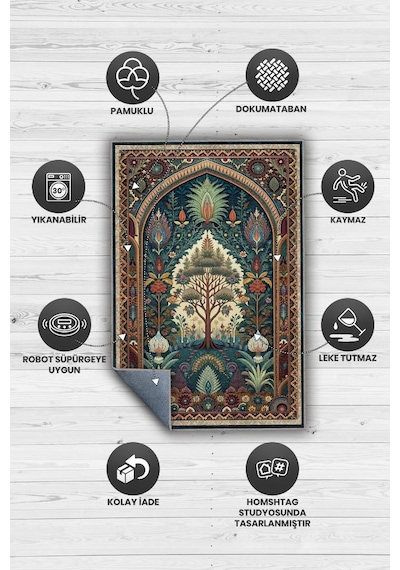 Homshtag Art Deco Etnik Bitki Vintage Halı Görünümlü Dijital Baskı Yeşil Renk Rustik Çiçekli Halı Çok Renkli