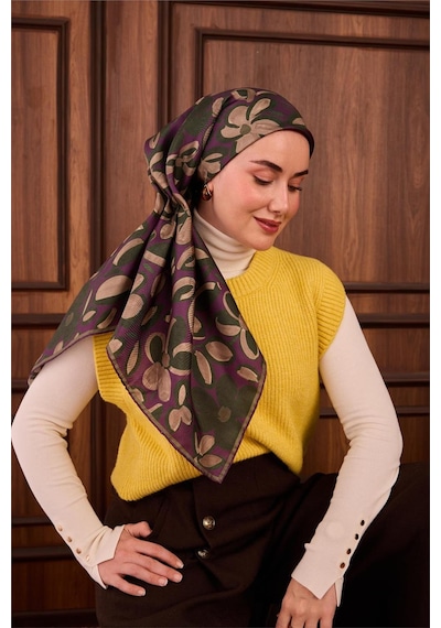 Silk Home Twill İpek Eşarp Erguvan Yeşil Vizon Papatya Desenli Tok Duruşlu 90x90 Çok Renkli