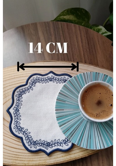 6 Adet Keten Kumaş Üzeri Yaprak Desen Nakışlı Kahve Yanı Kokteyl Peçetesi & Bardak Altlığı Mavi - 777042599