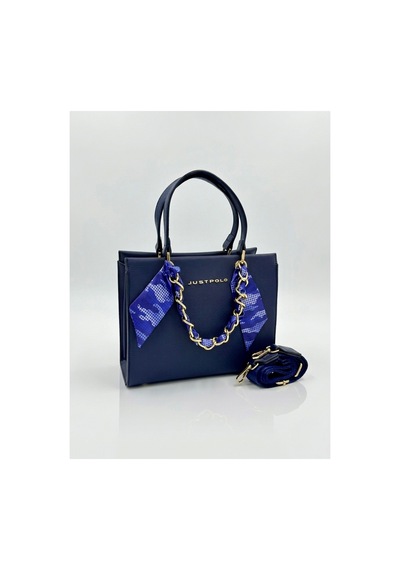 Just Polo Kadın Gold Zincirli Şal Detaylı Şık El & Omuz Çantası Ve Cüzdanı Kombin Shopper Ebat: 20 X 25 Cm Lacivert 15498367