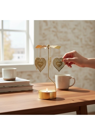 Dönen Işıklı Kalpli Metal Tealight Mumluk Love Tasarımlı Dekoratif Rüzgar Gülü Gold