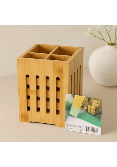 Ahşap Bambu 4 Bölmeli Kaşıklık Organizer 11x11 Cm, Pencereli Çr