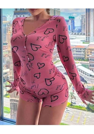 Ang Butik Kadın Pamuklu Pembe Siyah Desenli Düğmeli Uzun Kol Tulum Pijama