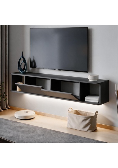 İnarch Dizayn Twist Led Işıklı Duvara Monte Tv Sehpası - 2 Kapaklı Antrasit