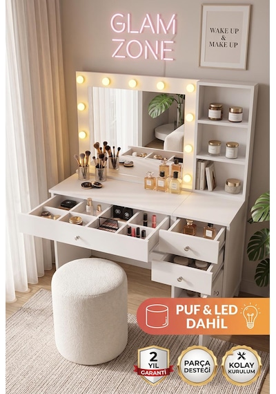 Robin Home Hollywood Makyaj Masası Ve Puf 3 Çekmece Kapaklı Düzenleyici Raflı Hollywood Led Işıklı Puf Dahil Beyaz Robin Home Hollywood Makyaj Masası Ve Puf 3 Çekmece Kapaklı Düzenleyici Raflı Hollywood Led Işıklı Puf Dahil Beyaz