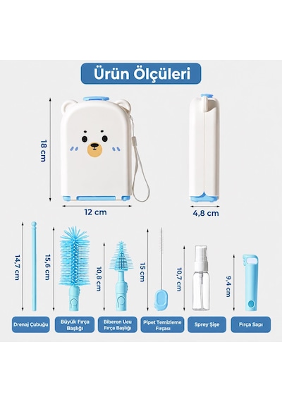 Valkyrie Ayıcık Seyahat Biberon Emzik Pipet Temizleme Seti Silikon Fırça Kurutma Standı Taşıma Kutusu