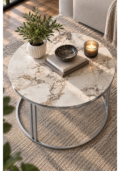 Sulorahome Efes Beyaz Mermer Desenli Yuvarlak Orta Sehpa 70 Cm