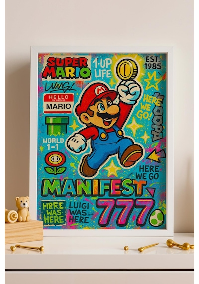 Super Mario Çerçeveli Tablo Manifest 777 Gamer Arkadaşa Hediye Street Art