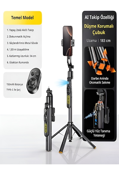 1500 Mah Led Işıklı 183 Cm Ai Takip Özellikli Gimbal Tripod Selfie Çubuğu Bluetooth Kumandalı