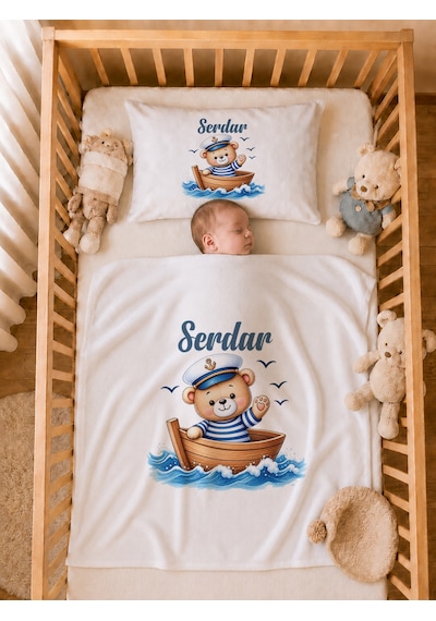 Pia Baby Erkek Bebek Tulum Seti İsim Baskılı %100 Pamuk Yastık Kılıfı Ve Battaniye 1102tyb3x Ekru