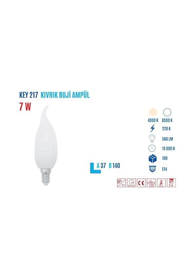 Ycl Key-217S 7W E14 560 Lumen Kıvrık Mum Amp Sarı