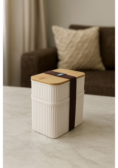 Makri Home 2 Parça Bambu Kapaklı Saklama Kabı Seti - 1l + 0,5l Üst Üste Koyulabilir Krem