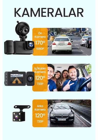 3 Kameralı Wifi Ekran Araç Kamerası Fullhd Geniş Ön + Arka + Araç İçi Kamera Hareket Sensörü Ef