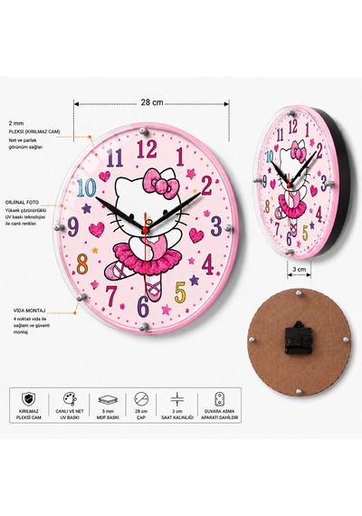 Duvar Saati 28 Cm Çocuk Odası Ev Ofis Anaokulu Kreş Okul Hello Kitty