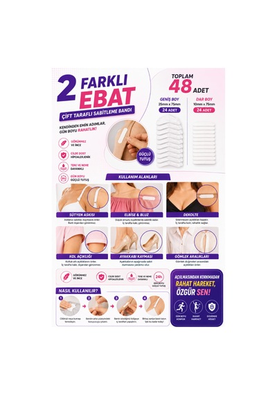 Kıyafet Sabitleme Bandı 48 Adet, 10x75mm Ve 25x75mm Çift Taraflı - 893767535