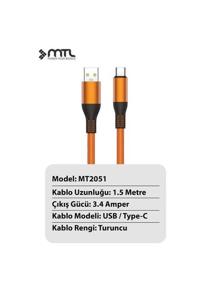 3.4a Usb To Type-c Örgülü Metal Başlıklı Hızlı Şarj Ve Data Kablosu 1.5 Metre Mt2051