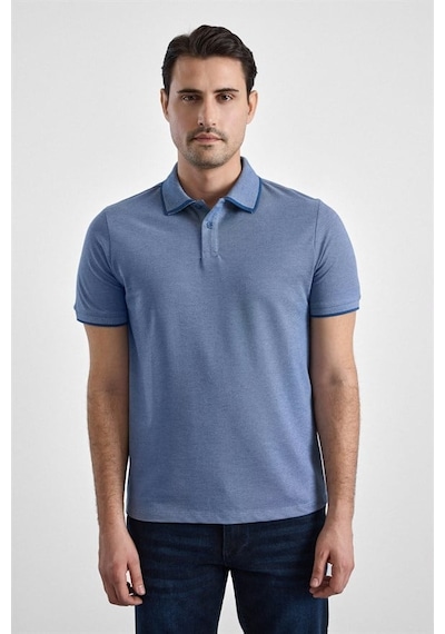 Süvari Saks Mavi Regular Düz Baskısız Pike Fermuarlı Polo Yaka Nefes Alabilen Tişört Ts1014000472-m05