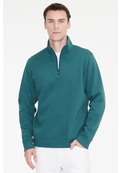 Ac&Co / Altınyıldız Classics Erkek Koyu Yesıl Standart Fit Normal Kesim İçi Polarlı Bato Yaka Pamuklu Sweatshirt