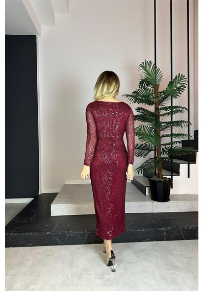 Ges Moda G0768 Kruvaze Yaka Payet Tasarım Elbise Bordo-bordo