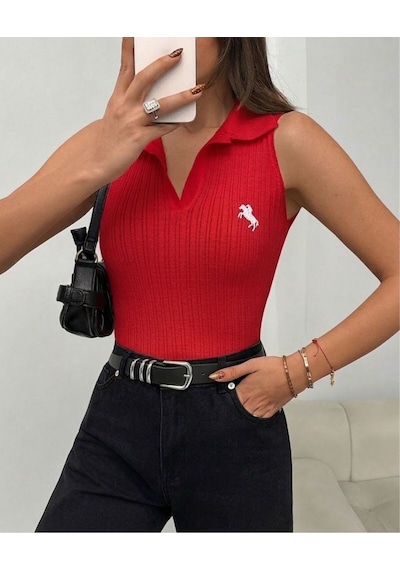 Luxetıque Açık Polo Yaka Triko Kırmızı