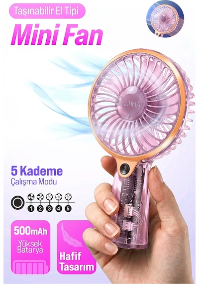 Auhma Aufn04 Taşınabilir Mini El Fanı Pembe Şarjlı, Sessiz, 500mah Type-c Kablosuz Mini Fan