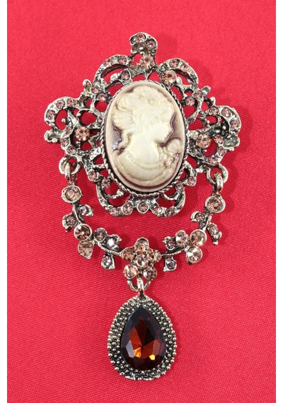 Kameo Vintage Broş, Garnet Kristal Taşlı Sallantılı Eskitme Bronz Renkli Kadın Yaka İğnesi Çok renkli
