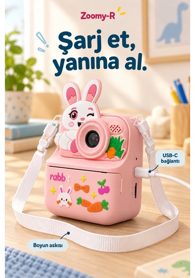 Kj/zm-003 Zoomy-r Tavşan Figürlü Anında Baskılı Çocuk Fotoğraf Makinesi, Çift Kamera, 2,4 İnç Ekran, 1080p Video, 3+ Yaş Pembe