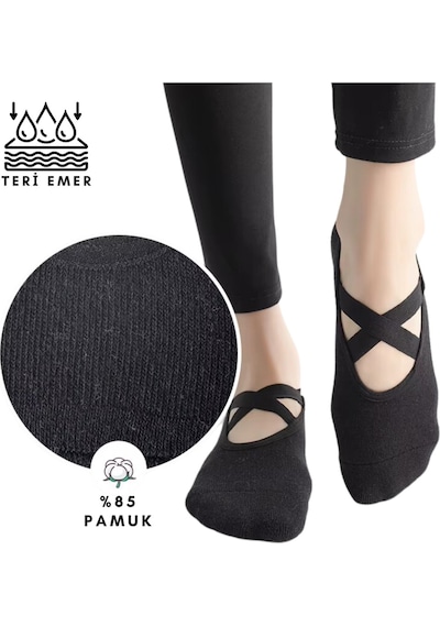 Trendcorap Premium Kadın Kaydırmaz Silikon Baskı Tabanlı Pilates Yoga Fitness Bale Dans Aktivite Çorabı 9'lu Siyah