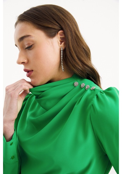 Sateen Düğmeleri Taş Detaylı Bluz - Yeşil