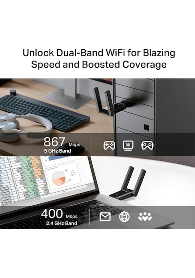 Archer T5u Plus Ac1300 Wifi Usb Adaptör, Dual Band 1300 Mbps 867 Mbps 5ghz + 400 Mbps 2.4ghz , Usb 3.0, Çift Yüksek Kazançlı Anten, Wpa3, Windows Uyumlu Kablosuz Adaptör