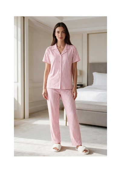 Angbutik Kadın Pembe Beyaz Çizgili Kısa Kollu Düğmeli Milan Kumaş Pijama Takımı