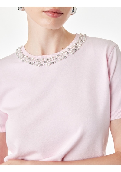 Koton Regular Fit Boncuklu Bisiklet Yaka Kısa Kollu Viskon Triko Kazak Pembe 7wak90135ht Gülkurusu