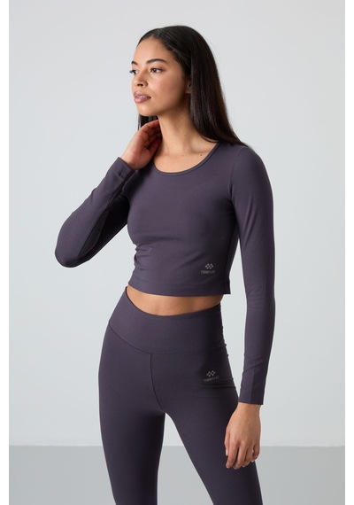 Tommylife Antrasit Yüksek Bel Uzun Kollu Slim Fit Crop Top Kadın Tayt Takım - 95286