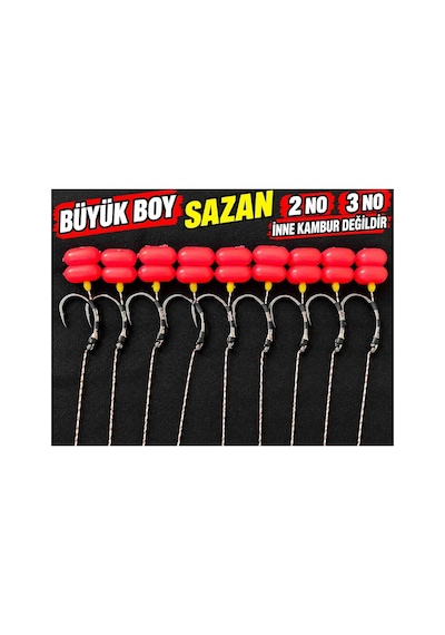 Büyük Boy Sazan Olta Takımı Kırmızı Çift Boncuklu Düz Iğneli Hazır Rig Ve Boli Modeli