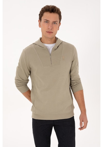 U.S. Polo Assn. Erkek Regular Fit Yarım Fermuarlı Kapüşonlu Açık Haki Sweatshirt 50316391-VR183