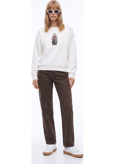 Fabrika Beyaz Kadın Bisiklet Yaka Loose Fit Nakışlı Sweatshirt F6wl-swt0105 Kırık Beyaz