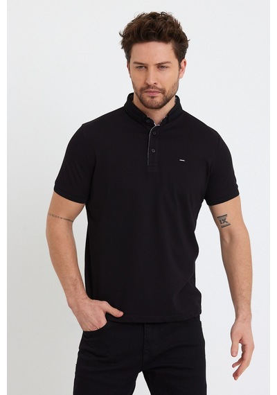 Jeus Erkek Pike Lacoste Kumaş Yakalı Siyah Tshirt