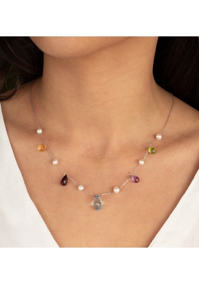 Doğan Diamond 925 Ayar Gümüş 12 Ct Yarı Değerli Doğal Taşlı & İncili Damla Kolye- Collezione Del Festival
