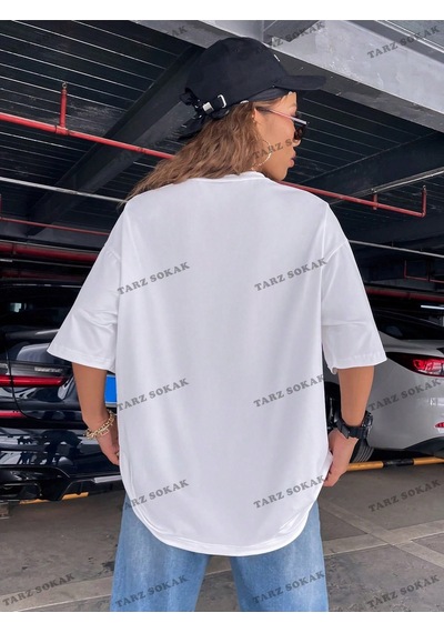 Flood Of Style Unisex Bay Ejderha Baskılı Düşük Omuz Kısa Kollu Tişört Kod-1349 Beyaz
