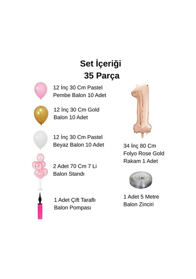 0 Yaş Balon Standlı Ve Pompalı Retro Gold Pembe Beyaz Balon Seti Rose Gold Rakamlı Süsleme Çok Renkli