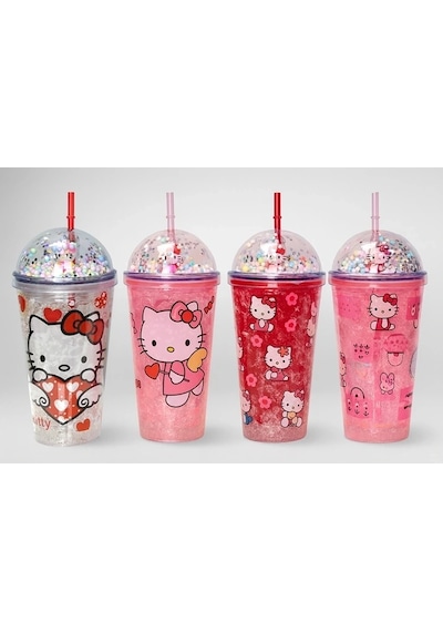 Sevimli Hello Kitty Işıklı Pipetli Boncuklu Suluk & Bardak 400 Ml Alk3145 Çok Renkli