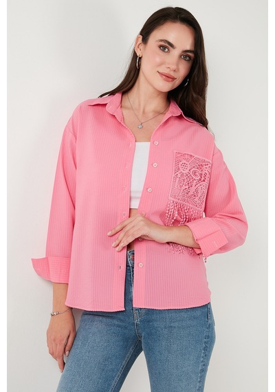 Lela Regular Fit Güpürlü Cep Detaylı Uzun Kollu Bayan Gömlek 6773215 Şeker Pembe
